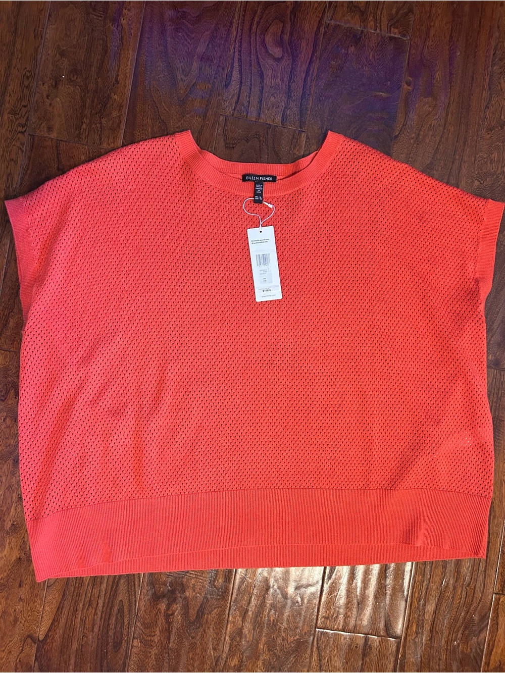 EILEEN FISHER organic linen/cotton Coral Open-Weave Crewneck Top cap sleeve XL
